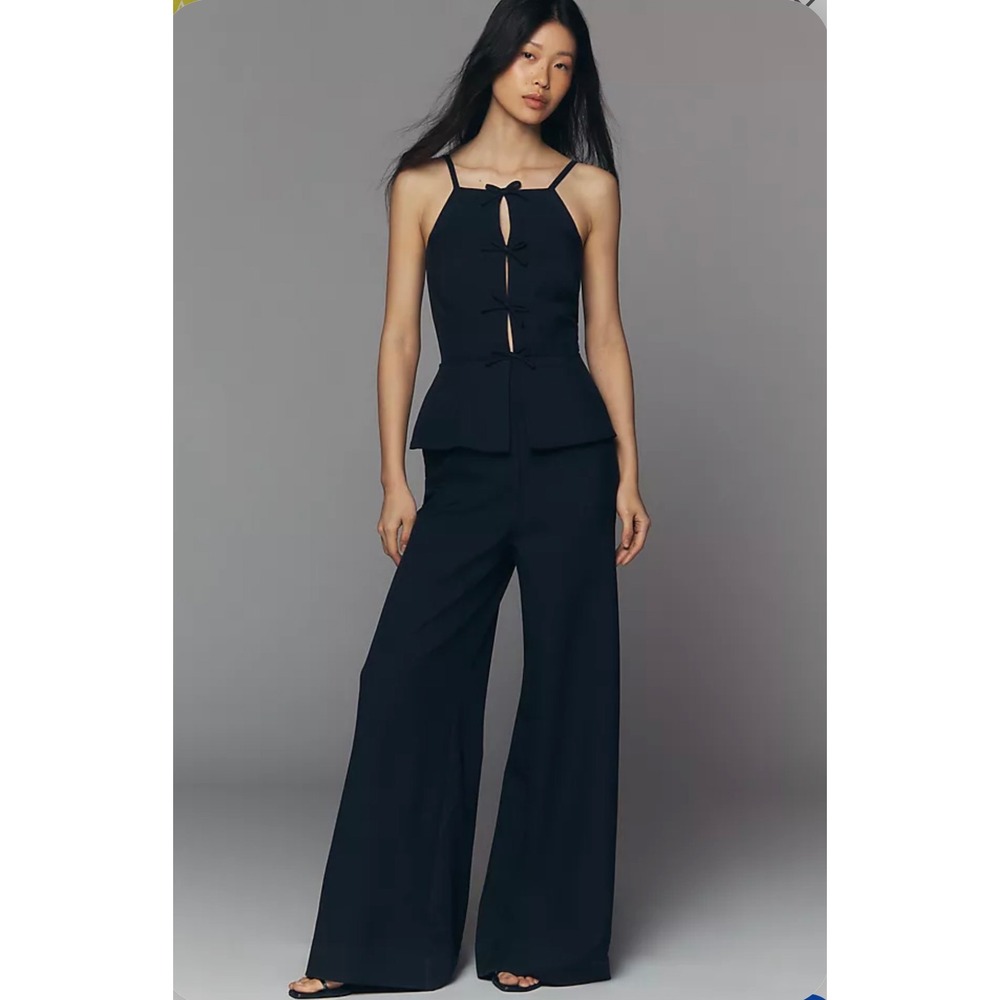 Avec Les Filles Bow Vest Twofer Jumpsuit Women 8 Peplum Navy Wide Leg NWT $178